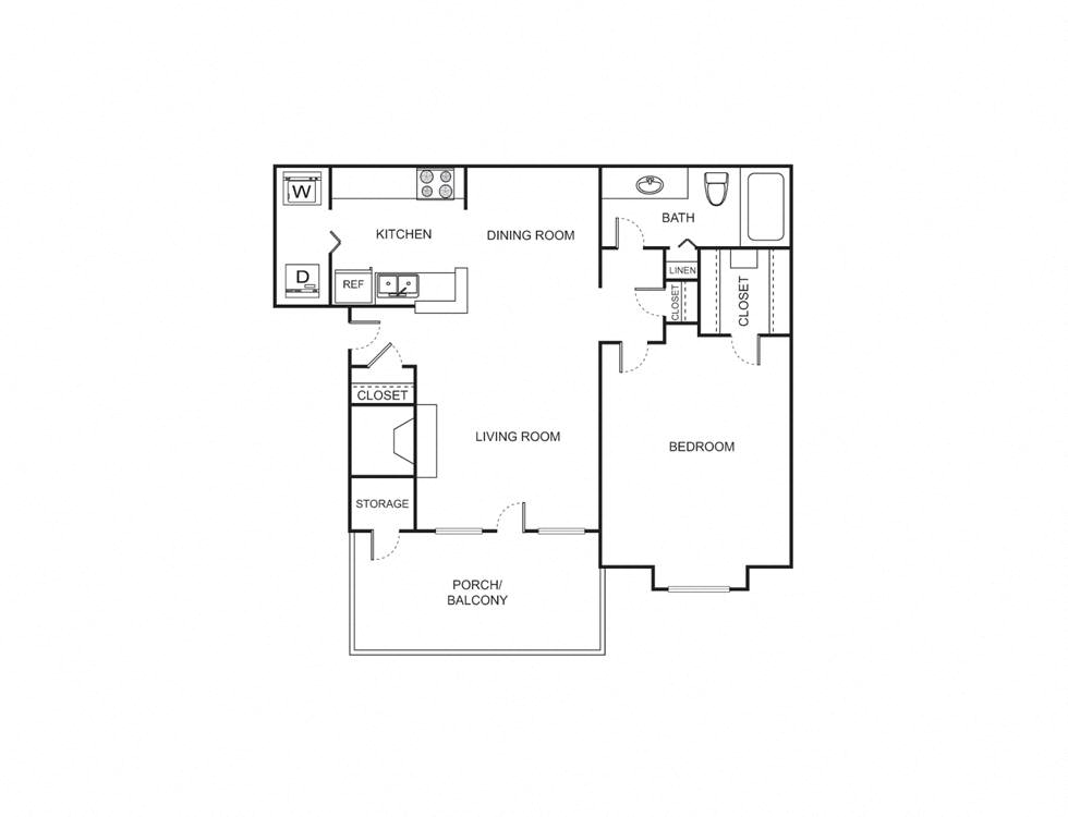 Floor plan for 1 bed, 1 bath, 705 sqft
